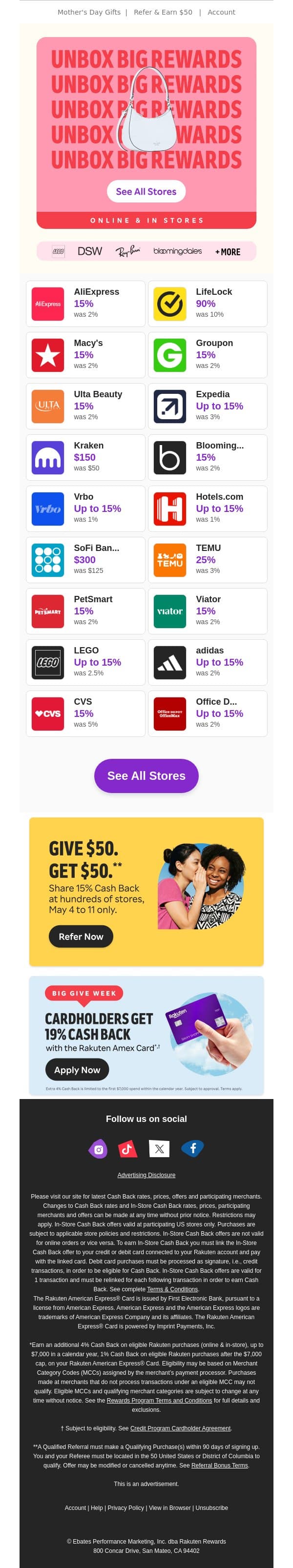 Get more of what you love with 15% Cash Back email from Rakuten screenshot