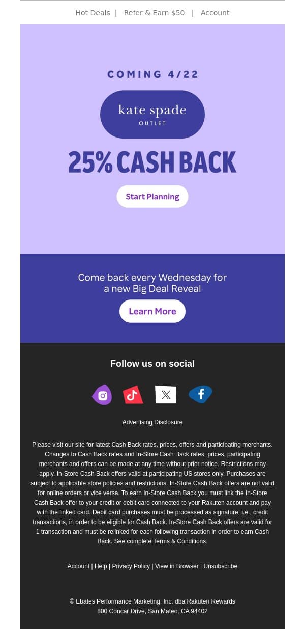 Coming soon❗25% Cash Back at kate spade outlet email from Rakuten screenshot