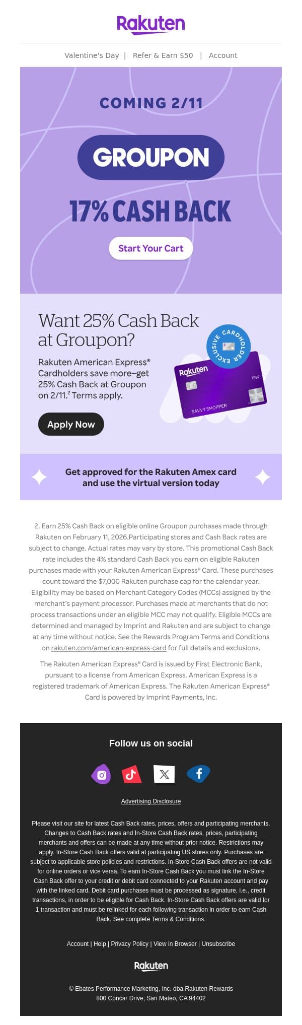 📣Coming 2/11: 17% Cash Back at Groupon email from Rakuten screenshot