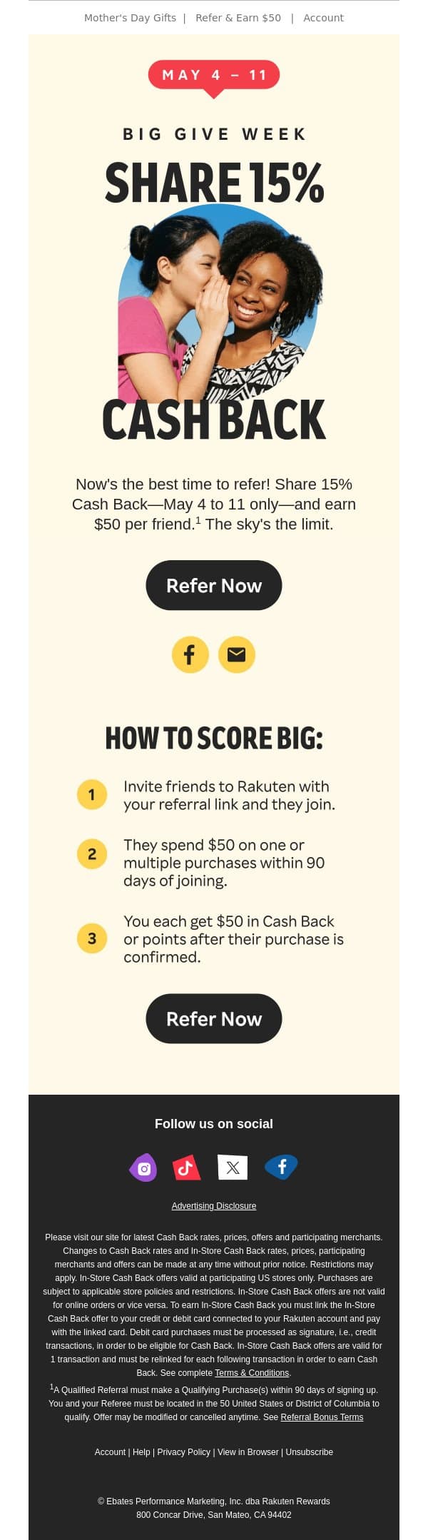 Gift your friend $50. You’ll get $50, too! email from Rakuten screenshot