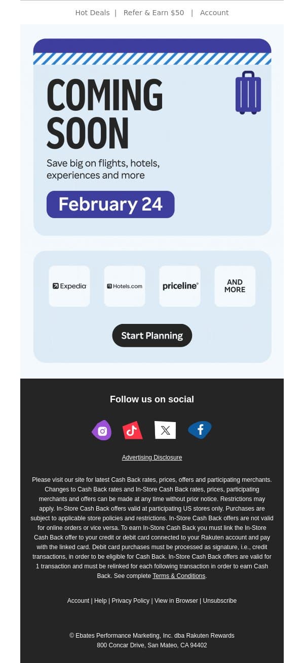 📣Coming 2/24: 10% Cash Back on travel ✈️ email from Rakuten screenshot
