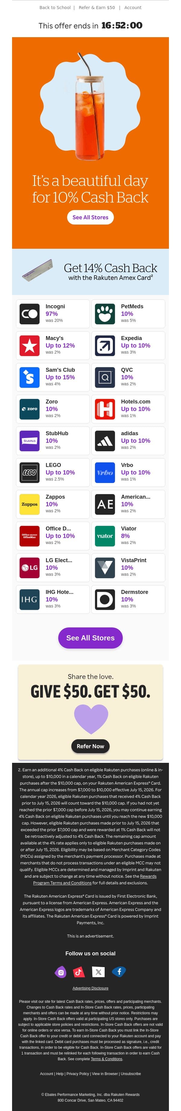 🧡One day only: 10% Cash Back 🧡 email from Rakuten screenshot