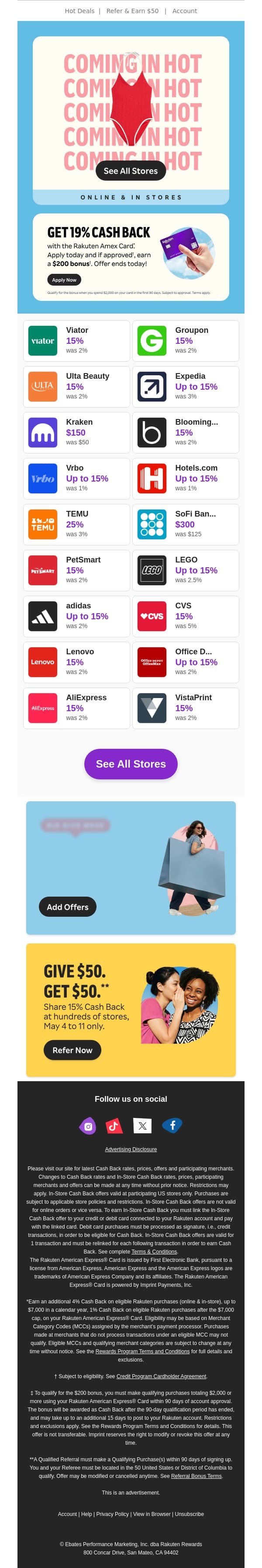 The rewards are rewarding: 15% Cash Back 😍 email from Rakuten screenshot