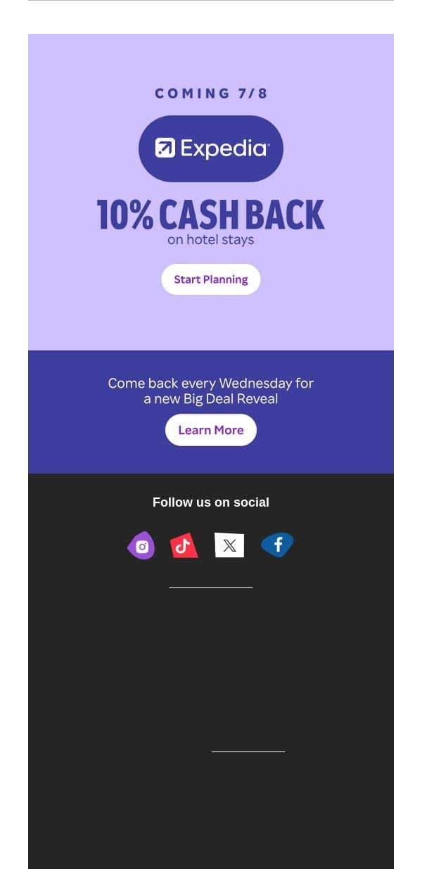 Coming 7/8 📣 10% Cash Back on hotels at Expedia! email from Rakuten screenshot