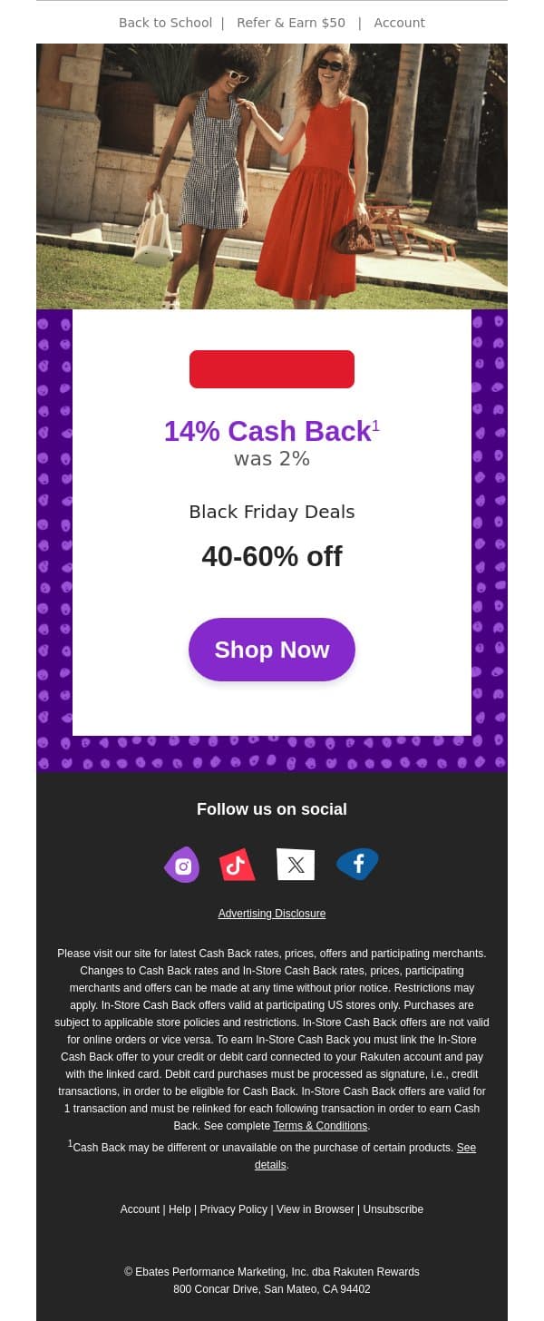 Macy’s: 14% Cash Back + 40-60% off Black Friday Deals email from Rakuten screenshot