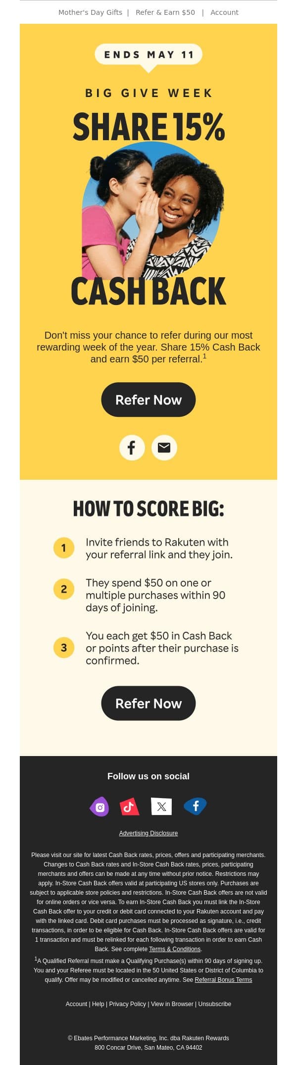 You’ll 💜 $50 bonuses. They’ll 💜 15% Cash Back. email from Rakuten screenshot