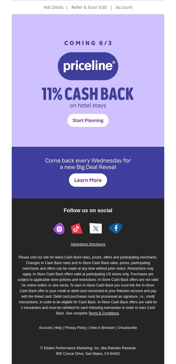 📣Coming soon! 11% Cash Back on hotels at Priceline email from Rakuten screenshot