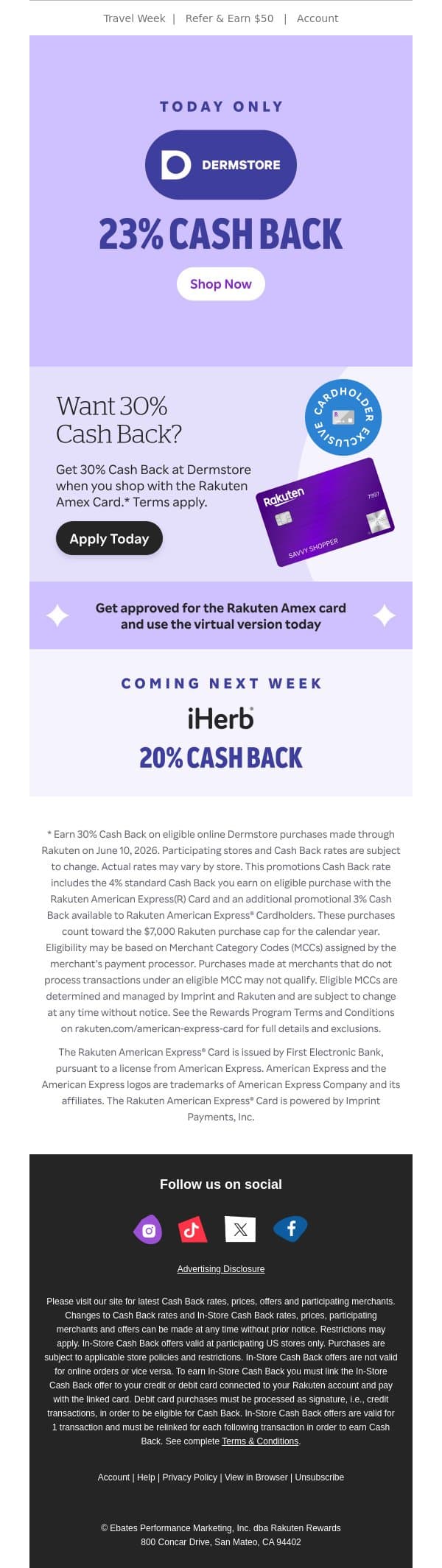 One day only! 23% Cash Back at Dermstore email from Rakuten screenshot