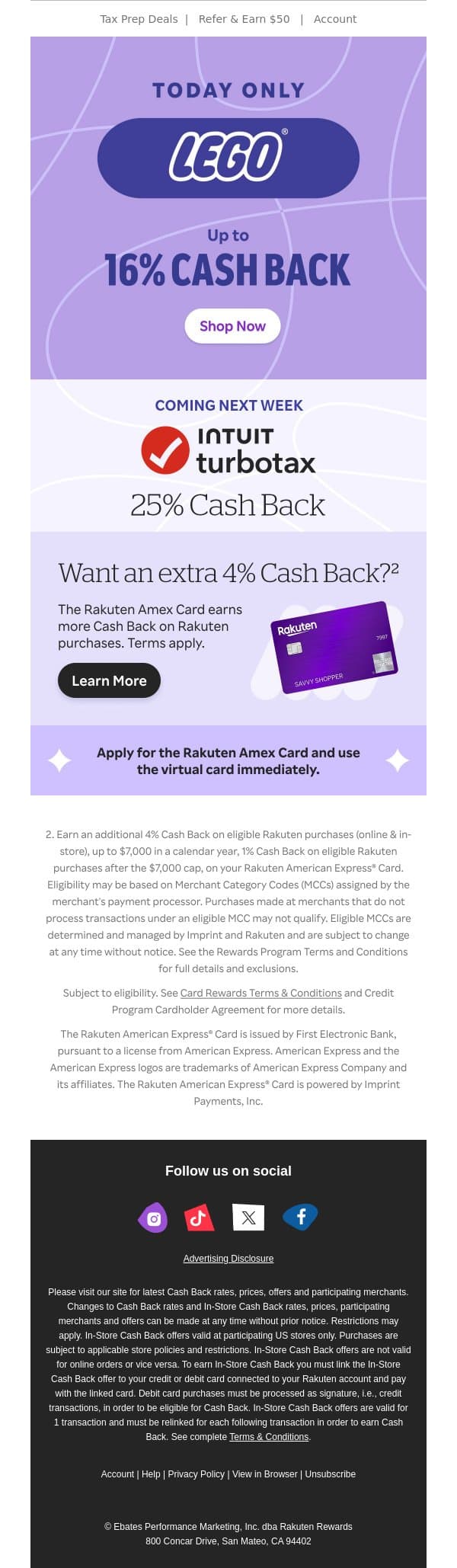 Up to 16% Cash Back at LEGO today 🤩 email from Rakuten screenshot