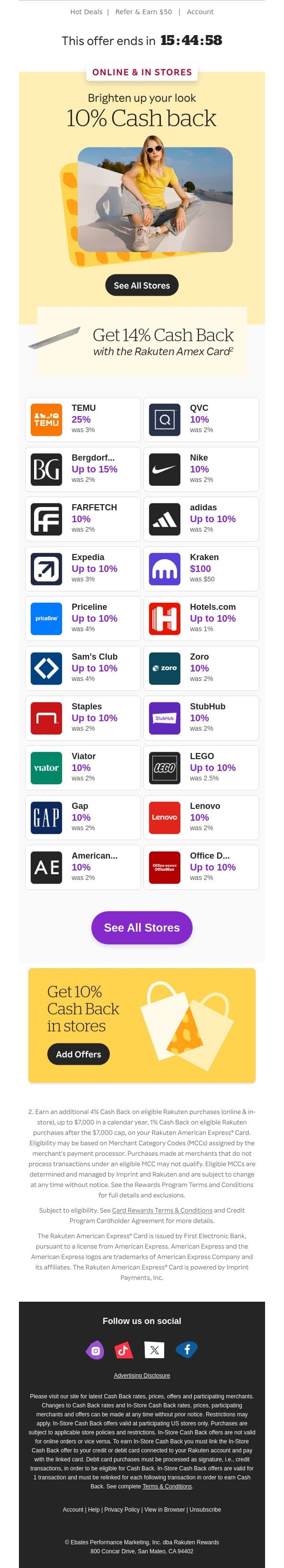 ☀️10% Cash Back is here to brighten your day ☀️ email from Rakuten screenshot