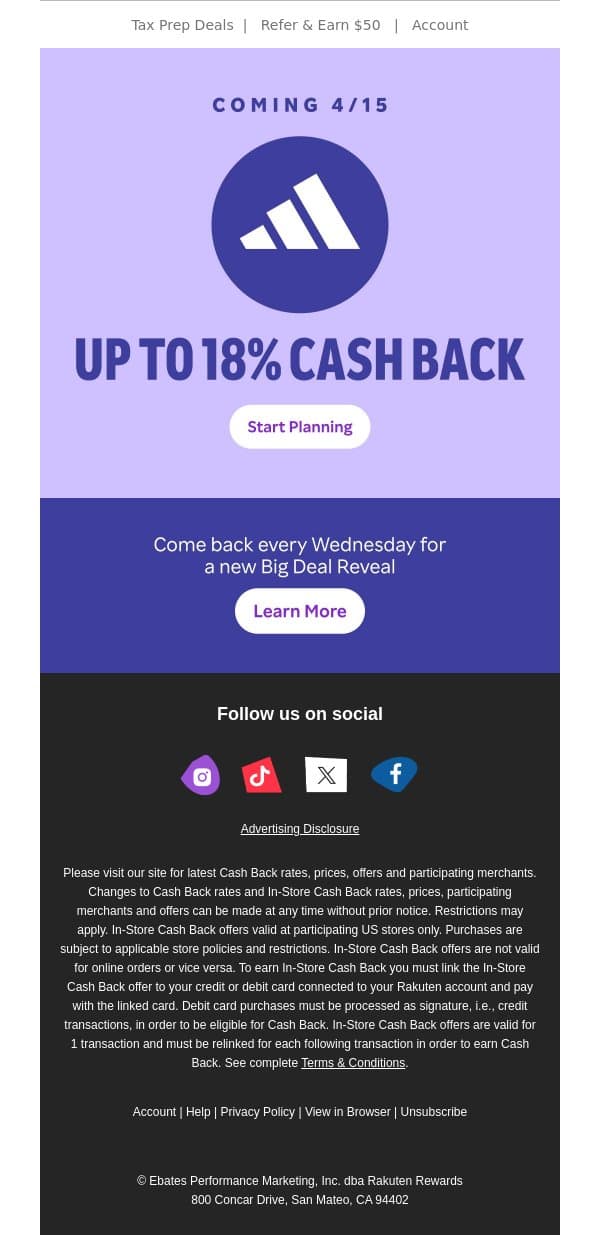 🚨Get ready! Up to 18% Cash Back at adidas email from Rakuten screenshot