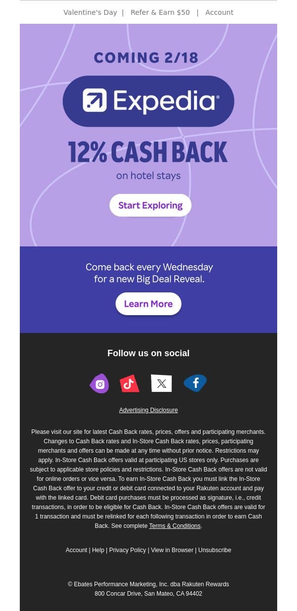 🔔Coming 2/18: 12% Cash Back at Expedia 🔔 email from Rakuten screenshot