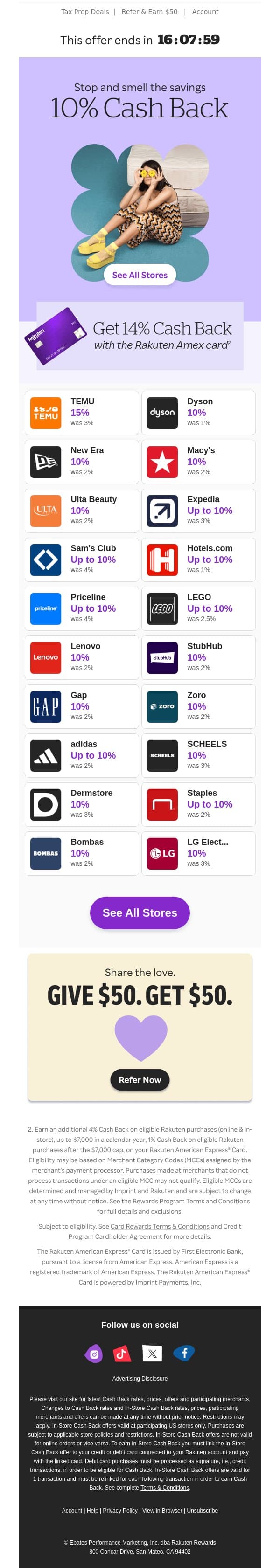 🌸Spring into savings: 10% Cash Back 🌸 email from Rakuten screenshot