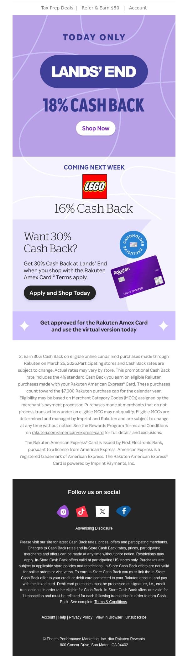 🚨18% Cash Back at Lands’ End 🚨 email from Rakuten screenshot