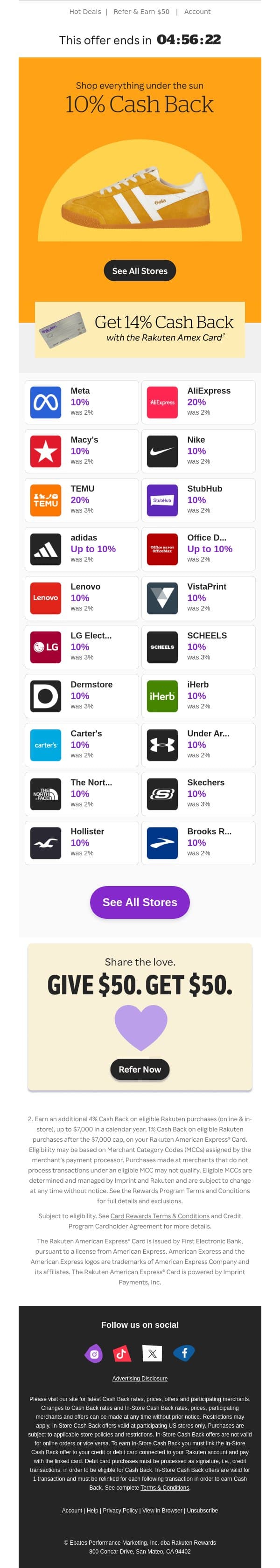 Don’t miss 10% Cash Back! email from Rakuten screenshot