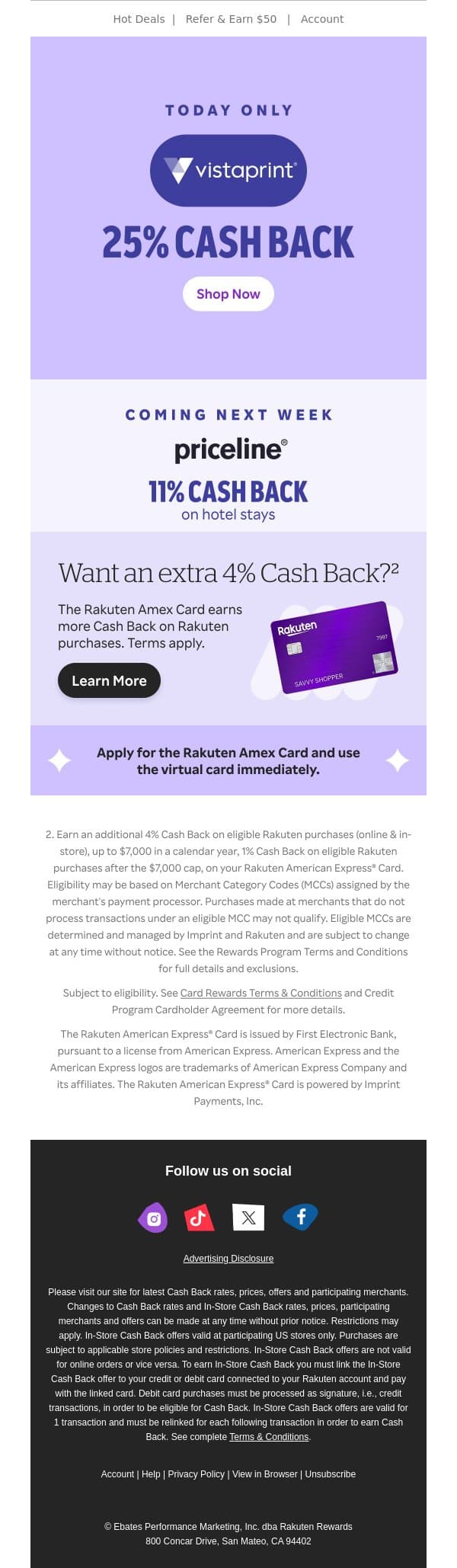 One day only! 25% Cash Back at VistaPrint email from Rakuten screenshot