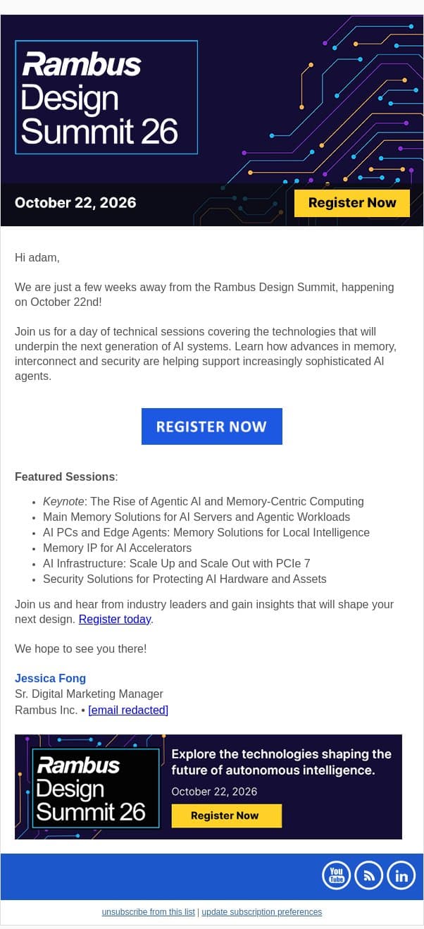 Explore the Rambus Design Summit Agenda email from Rambus screenshot