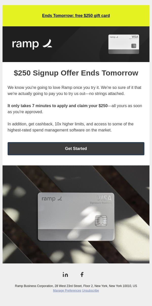 [Action Required] $250 offer expires tomorrow email from Ramp screenshot