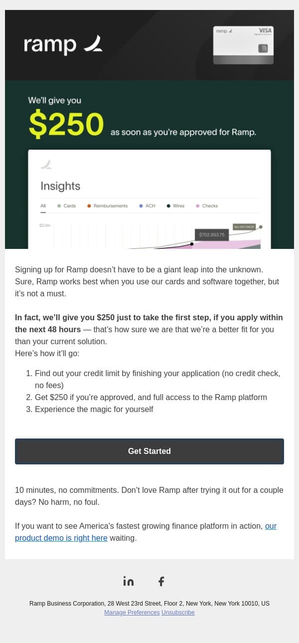 $250 if you can hold a secret email from Ramp screenshot