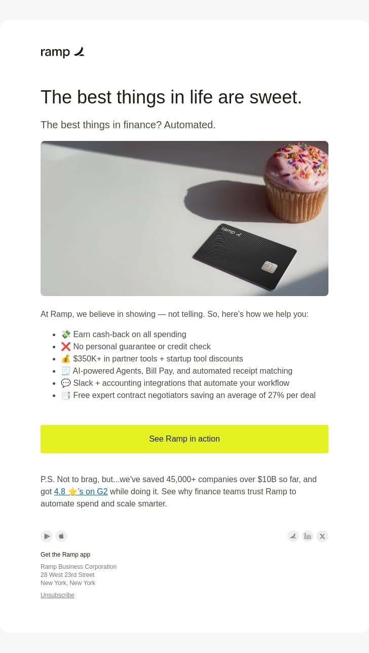 5 minutes, 10X higher limit for Migma.ai cards email from Ramp screenshot