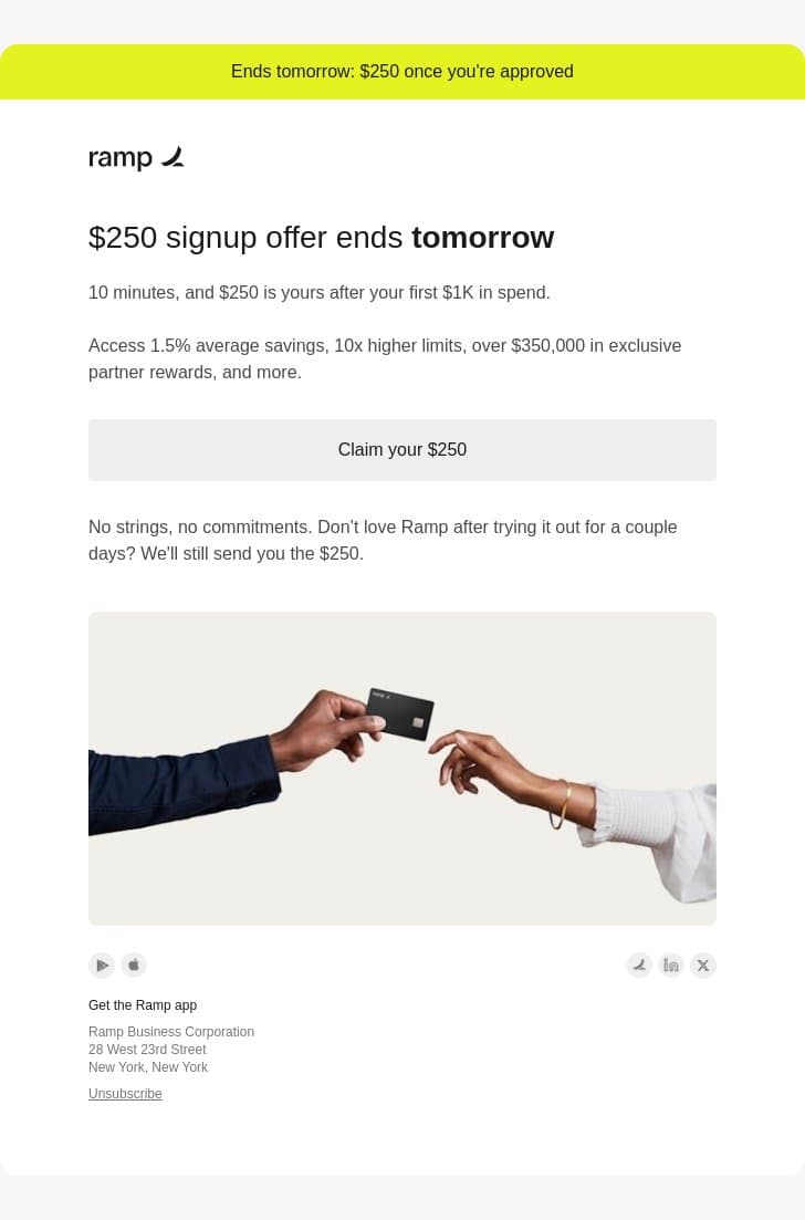 adam, $250 offer ends tomorrow email from Ramp screenshot