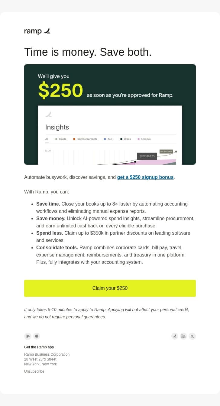 $250 for a few minutes of your time email from Ramp screenshot