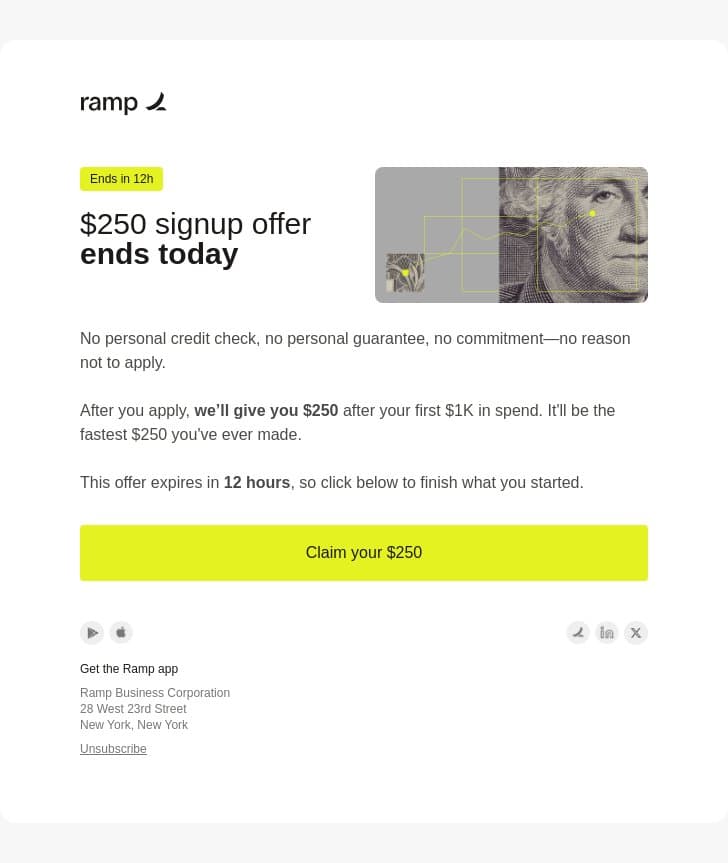 adam, $250 offer expires in 12 hours email from Ramp screenshot