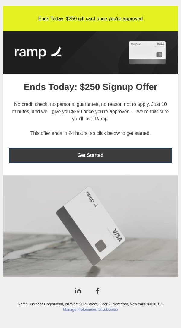 adam, $250 gift card offer ending today email from Ramp screenshot