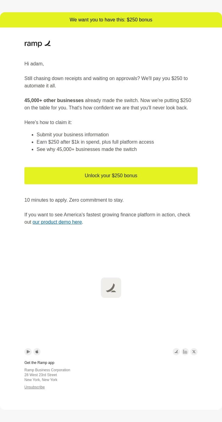 Your $250 bonus is waiting email from Ramp screenshot