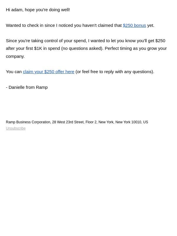 You dropped your $250 email from Ramp screenshot