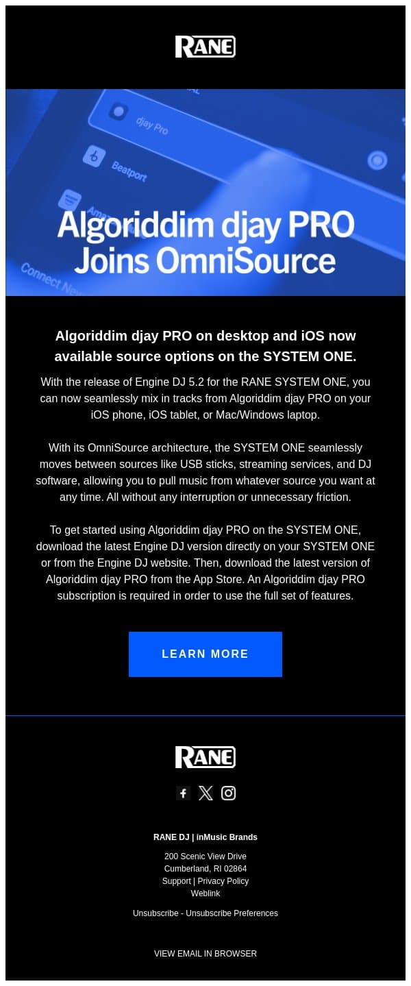 Algoriddim djay Now on the SYSTEM ONE email from Rane screenshot
