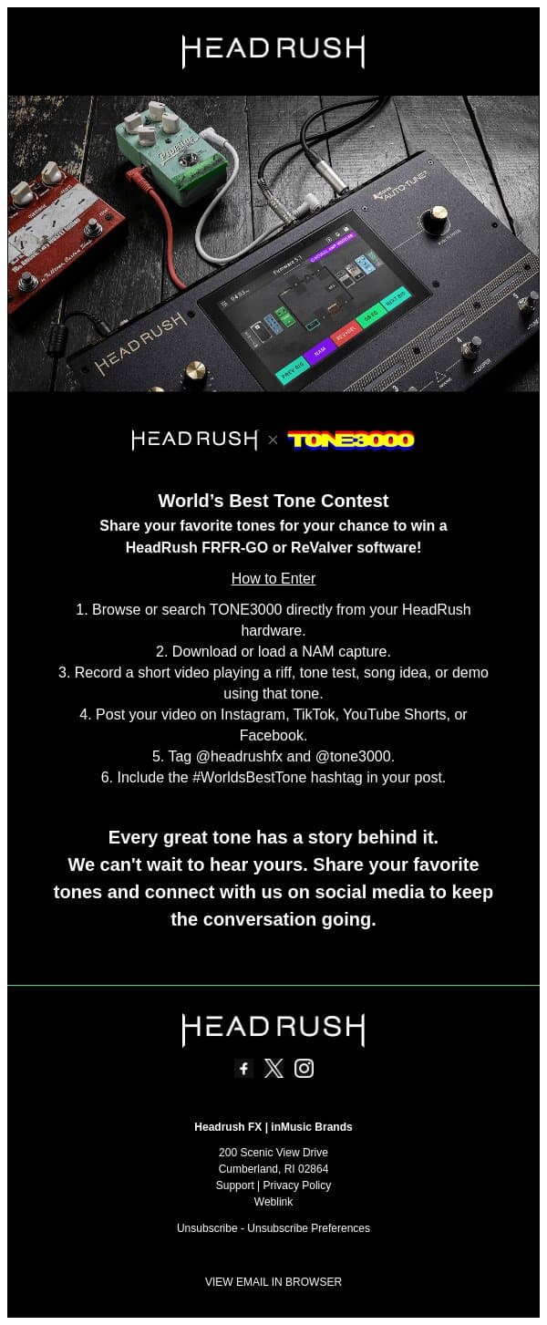 HeadRush x TONE3000: World’s Best Tone Contest email from Rane screenshot