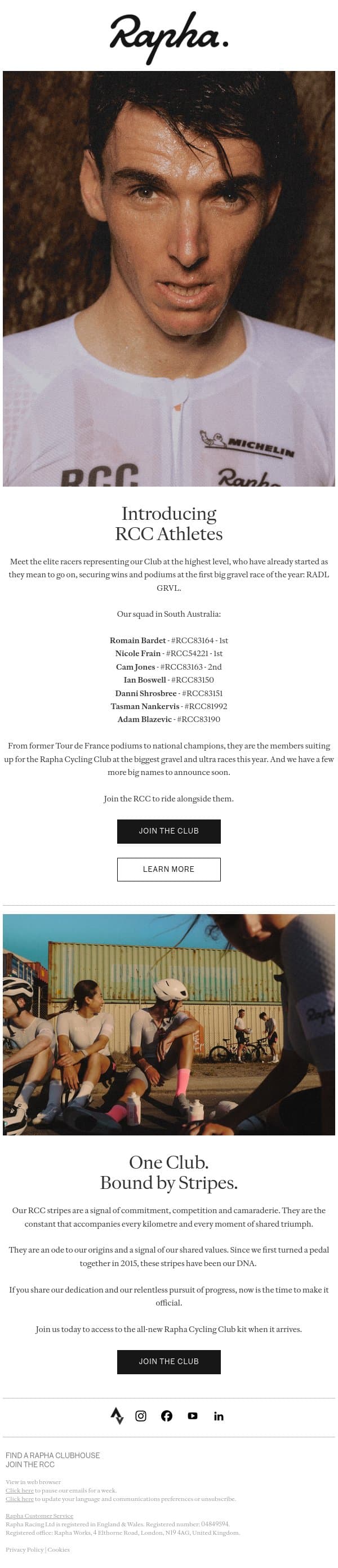 A winning start for the Rapha Cycling Club. email from Rapha screenshot