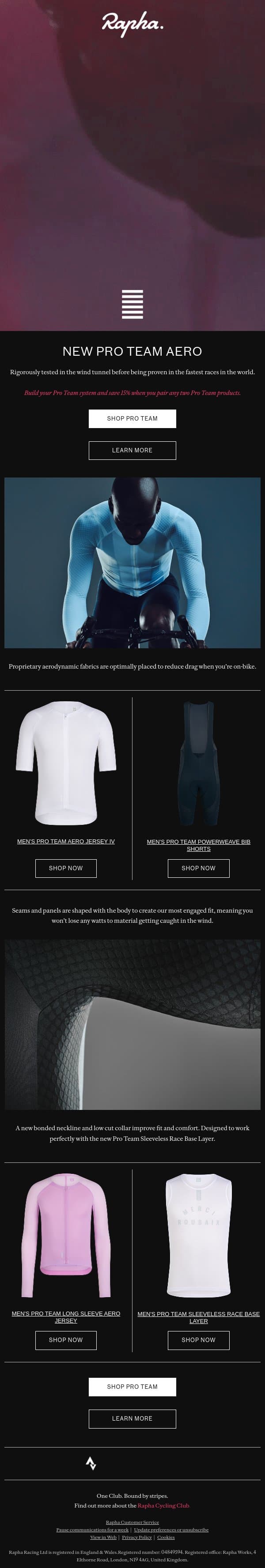 New Rapha Pro Team Aero email from Rapha screenshot