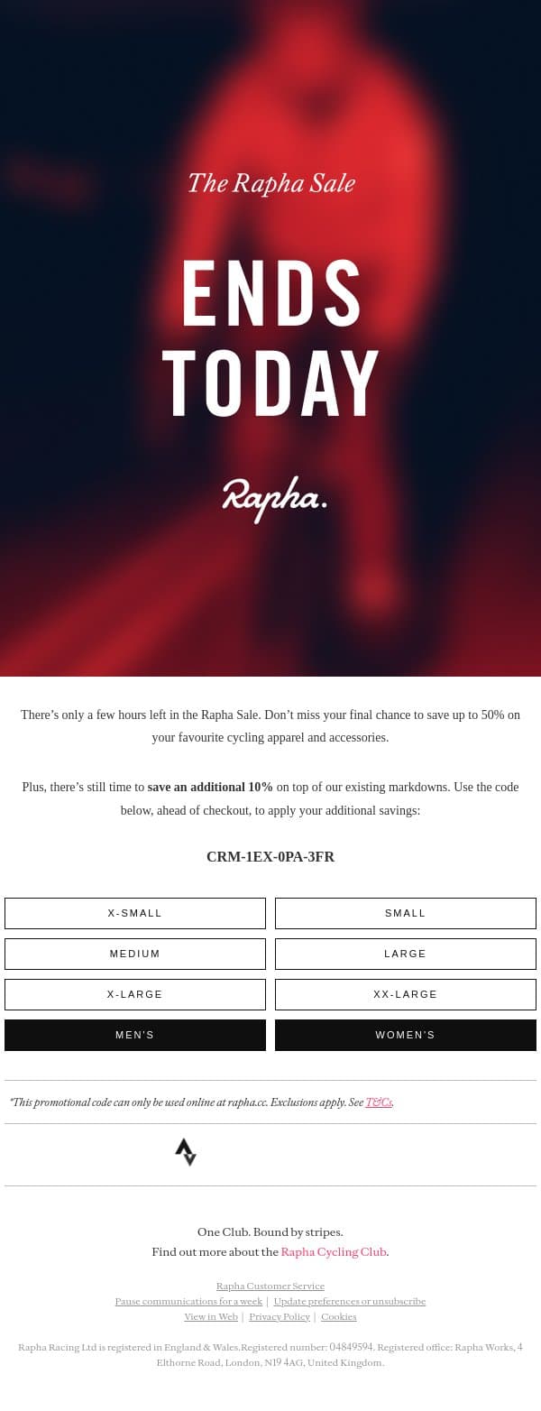 The Rapha Sale Ends Today email from Rapha screenshot