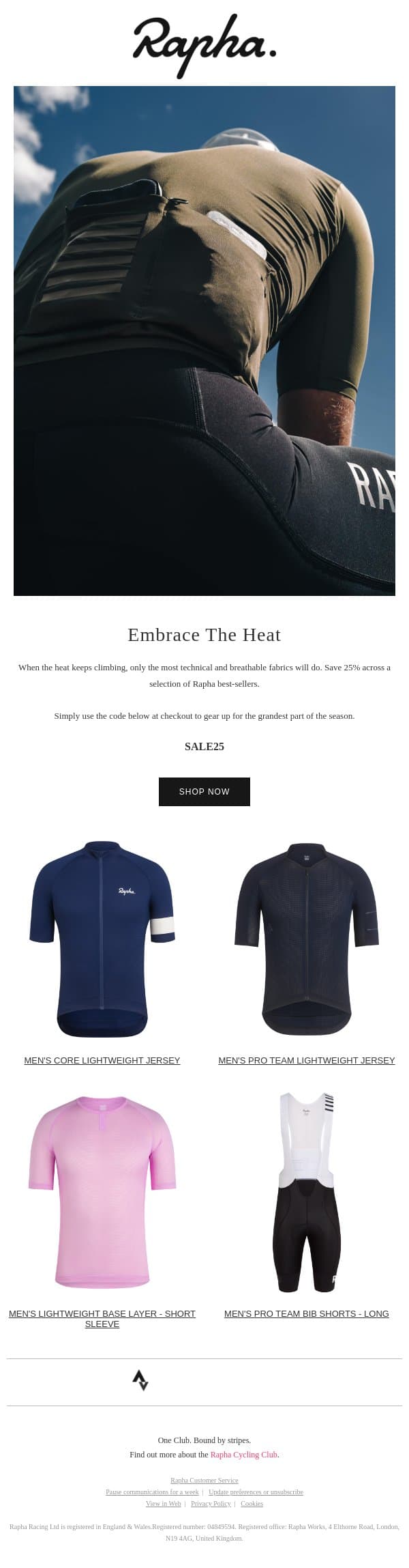 Save 25% and Embrace the Heat email from Rapha screenshot
