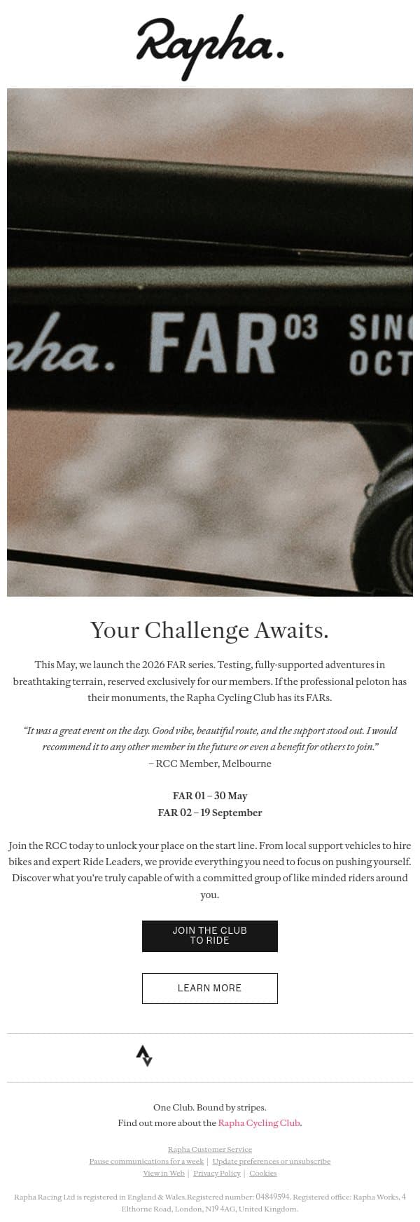 It’s Time to Test Yourself. email from Rapha screenshot
