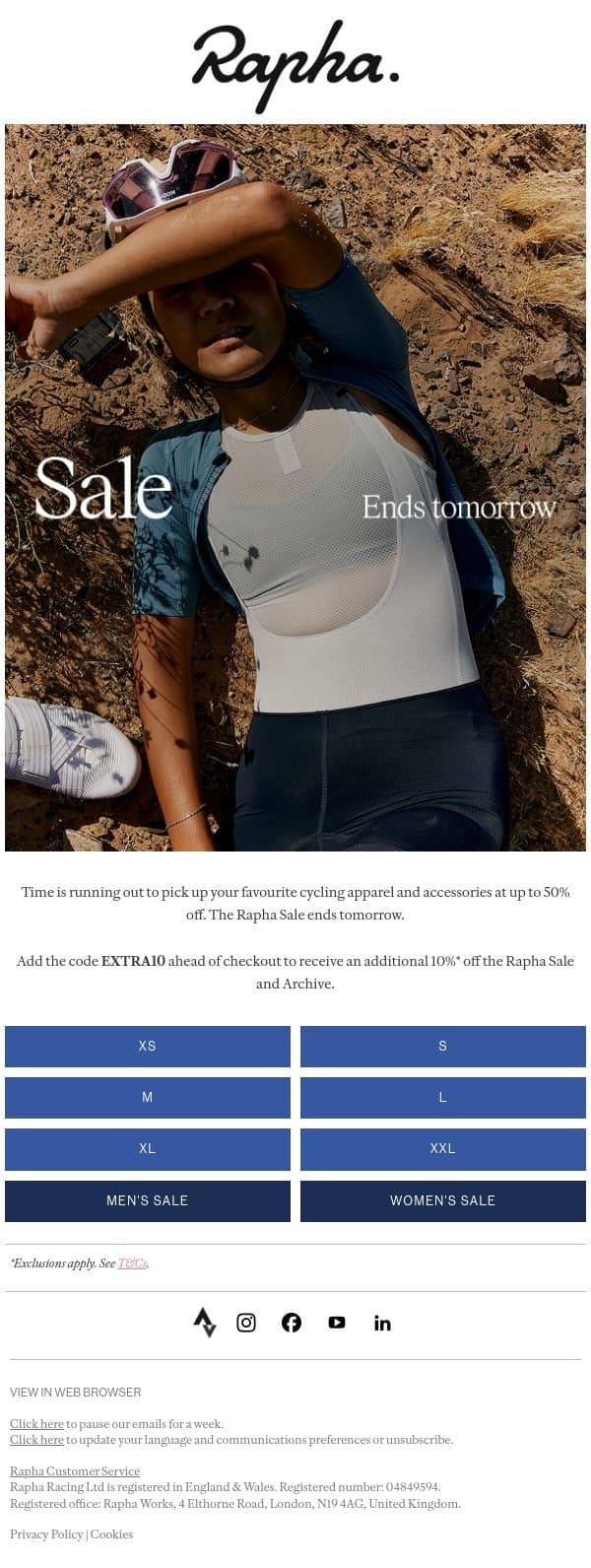 The Sale ends tomorrow email from Rapha screenshot