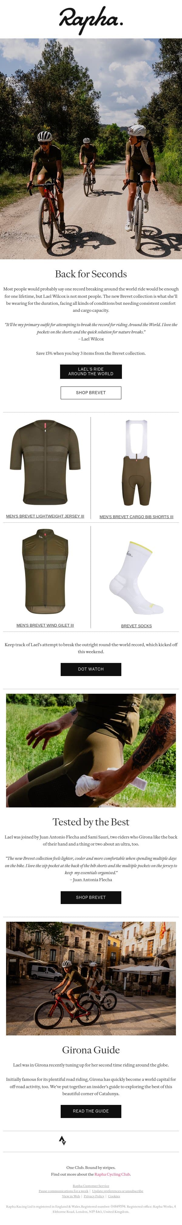 New Colourways for the Brevet Collection email from Rapha screenshot