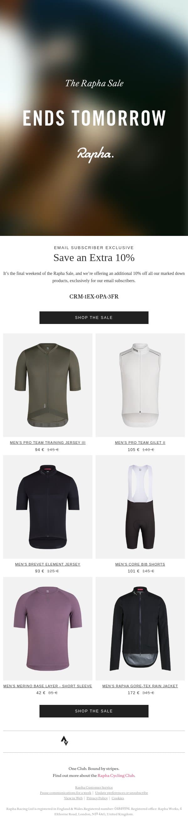 Your exclusive extra 10% off in the Rapha Sale email from Rapha screenshot