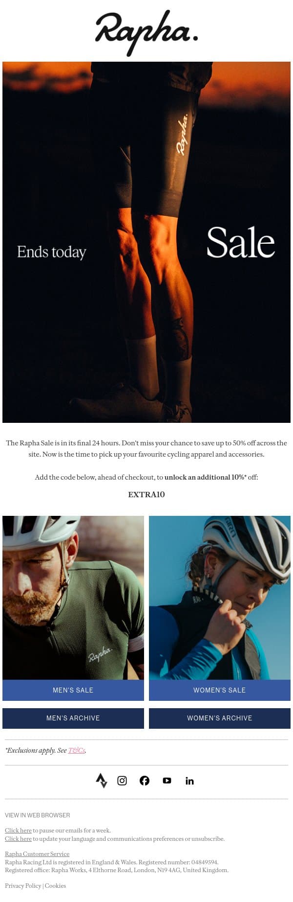 Last chance to save up to 50% email from Rapha screenshot