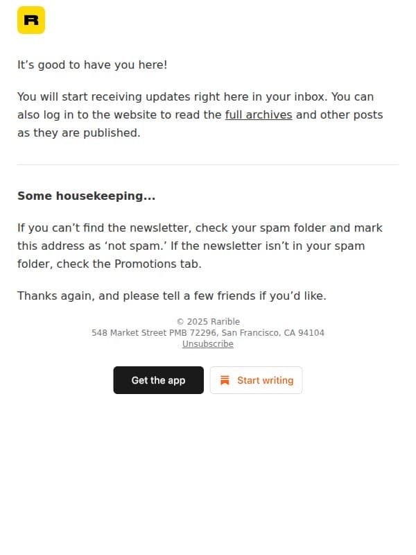 Welcome to Rarible Newsletter email from Rarible screenshot
