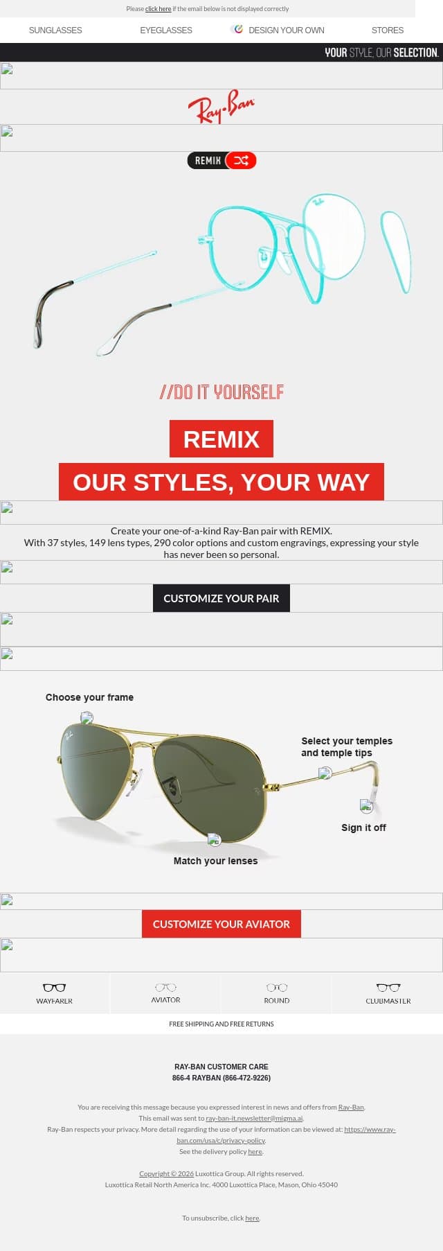 Want a Ray-Ban that’s just for you? email from Ray-Ban screenshot