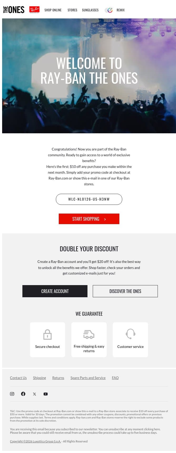 Welcome to Ray-Ban The Ones. Here’s your first benefit. email from Ray-Ban screenshot