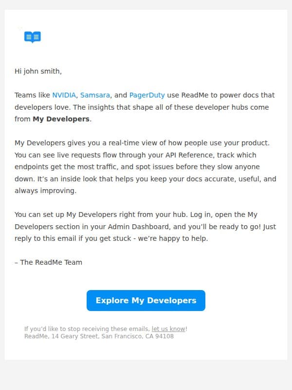 See how developers are using your product email from ReadMe screenshot