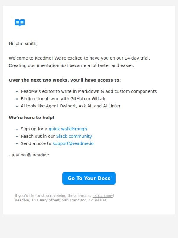 Welcome to ReadMe! email from ReadMe screenshot