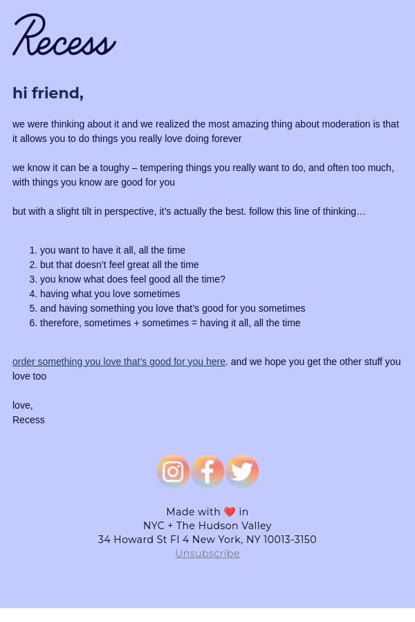 moderation is genius email from Recess screenshot