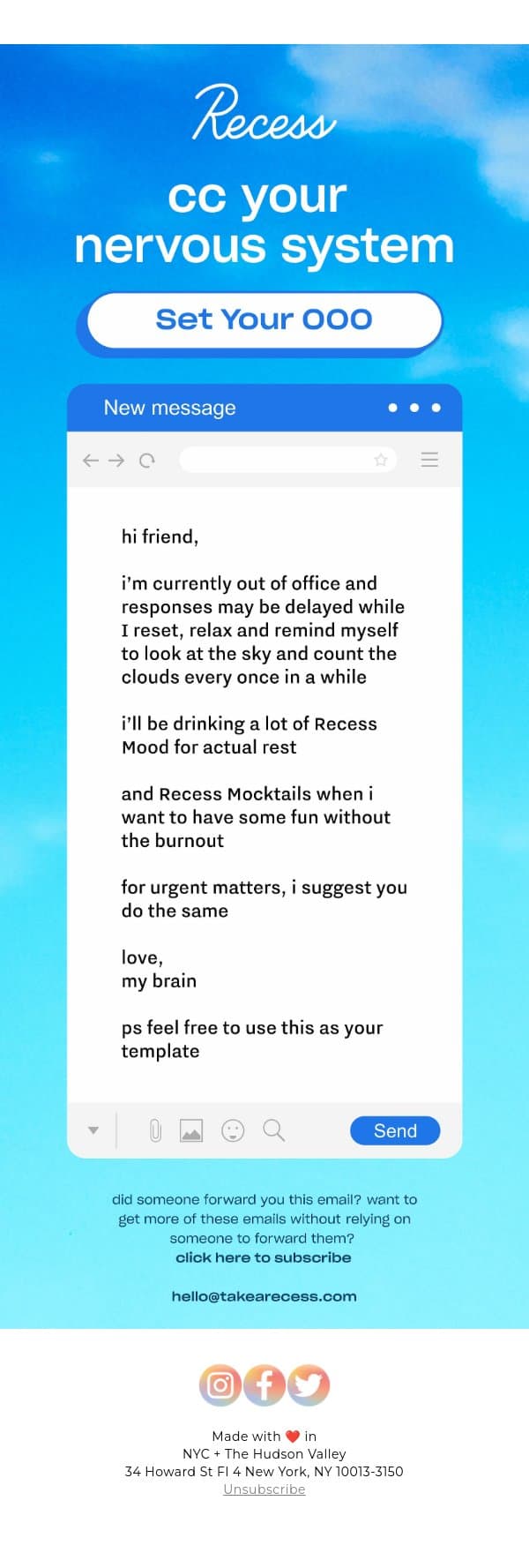 out of office autoreply email from Recess screenshot