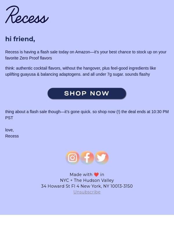 say cheers! 21% off Recess Zero Proof email from Recess screenshot