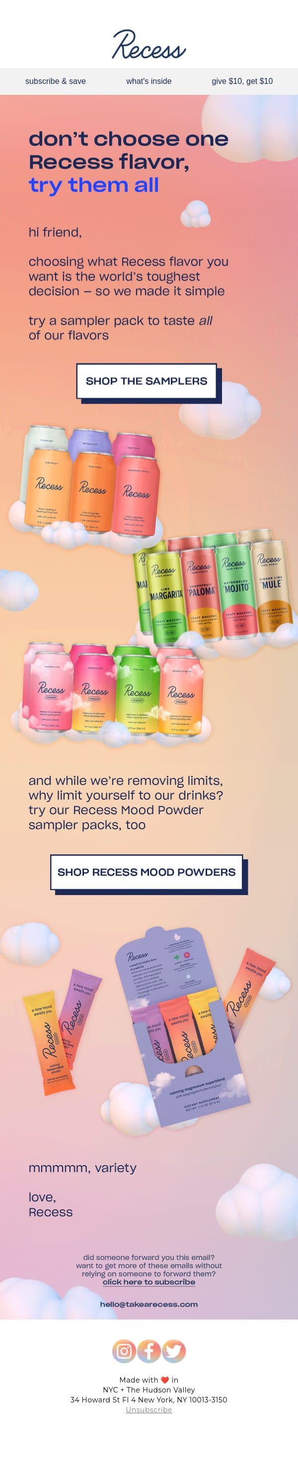can’t choose just one Recess flavor? email from Recess screenshot